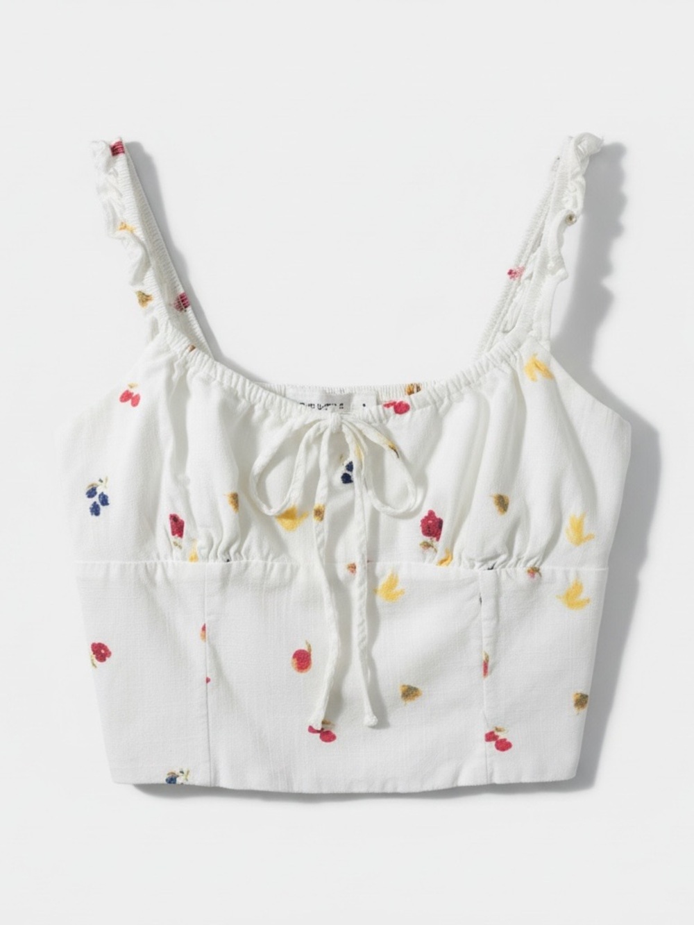 Daisy Tree White Floral/ Fruit Tie-Front Crop Top